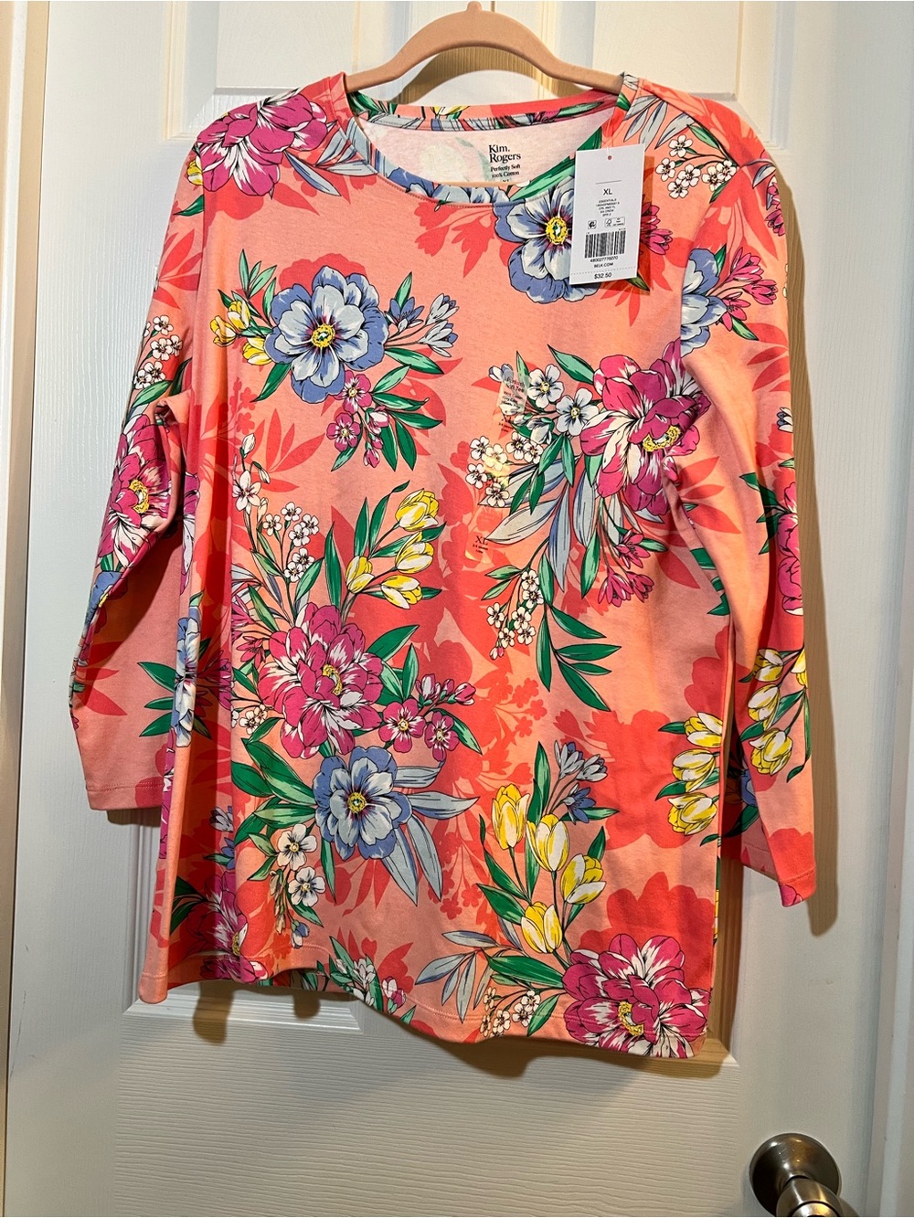 🦋 NWT Kim Rogers pink Floral 3/4 Sleeve Tee size xlarge